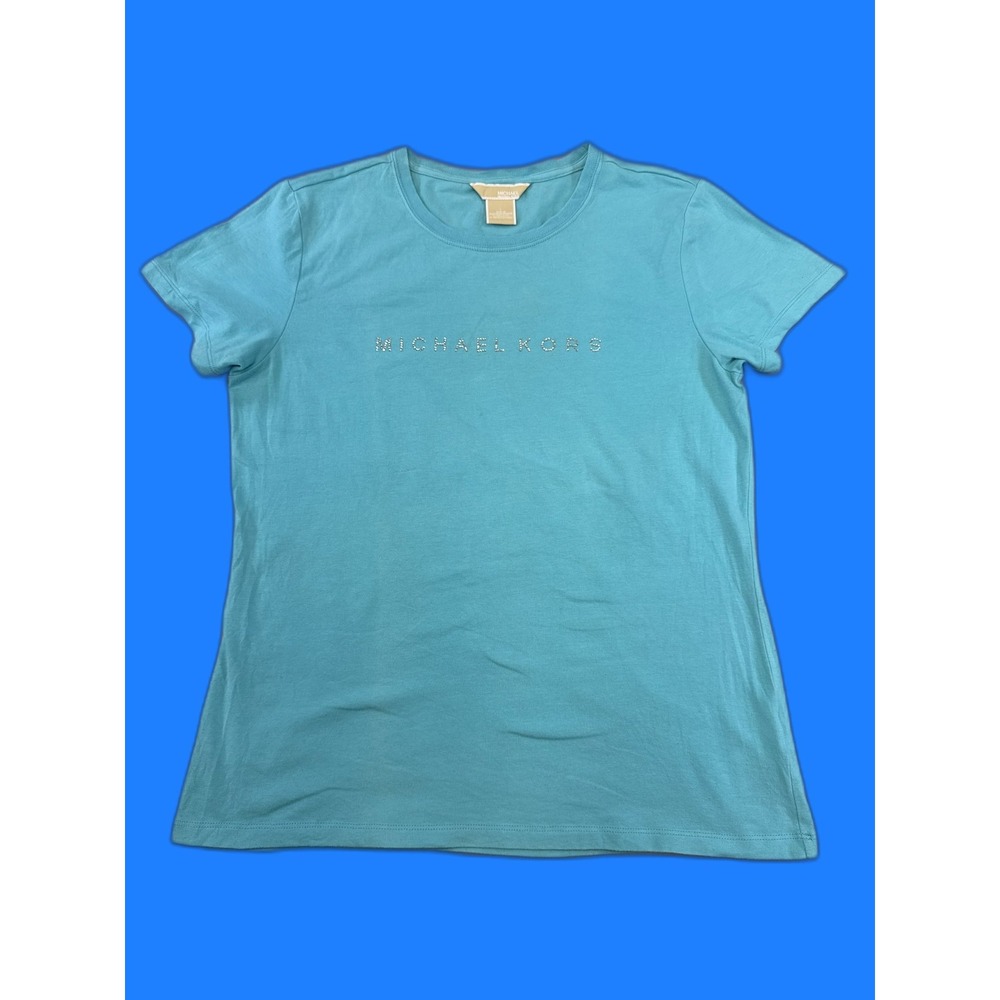 MICHAEL KORS Graphic Tee L Teal Cotton Crystal Logo Crewneck Short